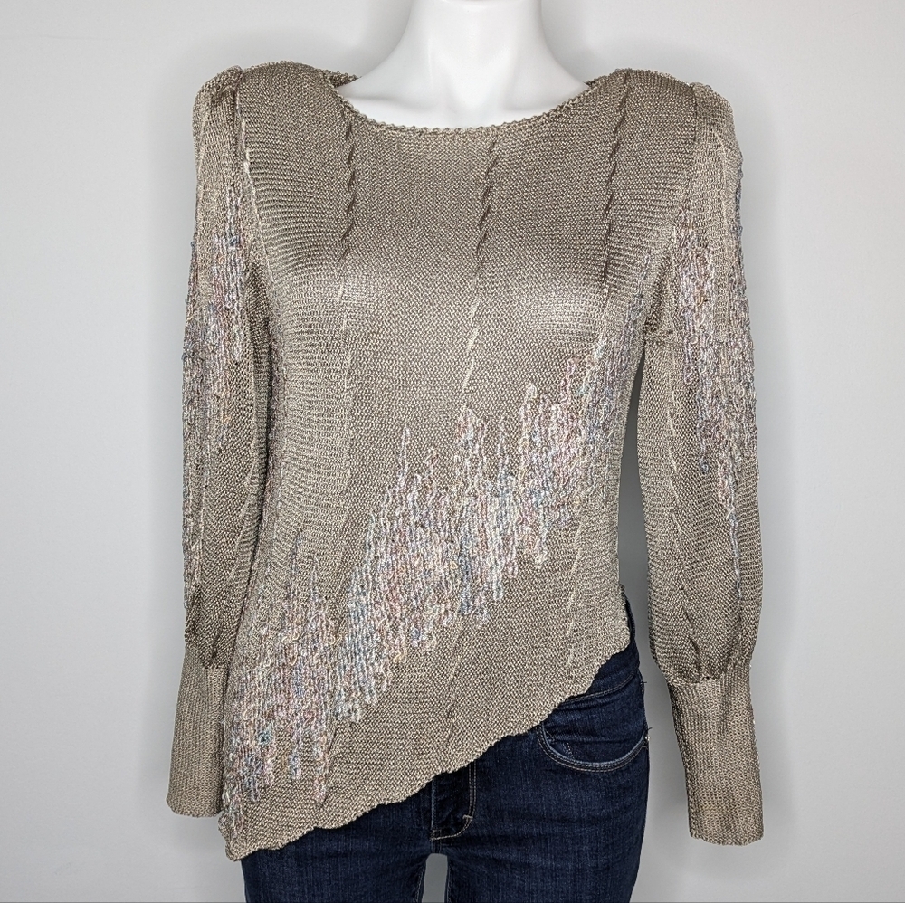 Vintage PACA tan pastel blue pink asymmetrical long sleeve sweater S